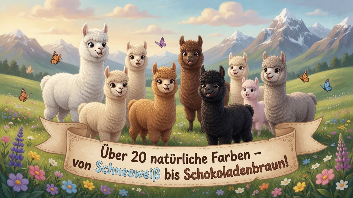 Eine bunte Gruppe von Alpakas in vielen natürlichen Fellfarben — weiß, beige, braun, schwarz und rosa — auf einer Blumenwiese vor Bergen