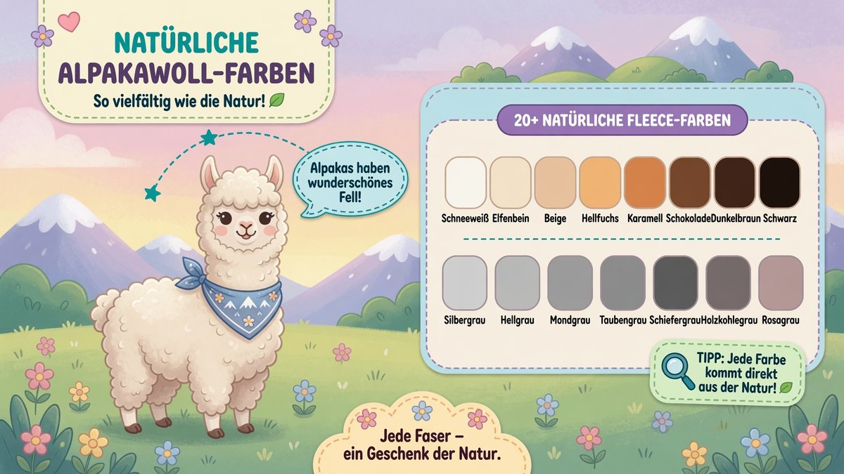 Farbtafel mit über 20 natürlichen Alpakawoll-Farben, sortiert von Schneeweiß über Beige und Karamell bis Schokoladenbraun und Schwarz, sowie Grautönen wie Silbergrau bis Rosagrau