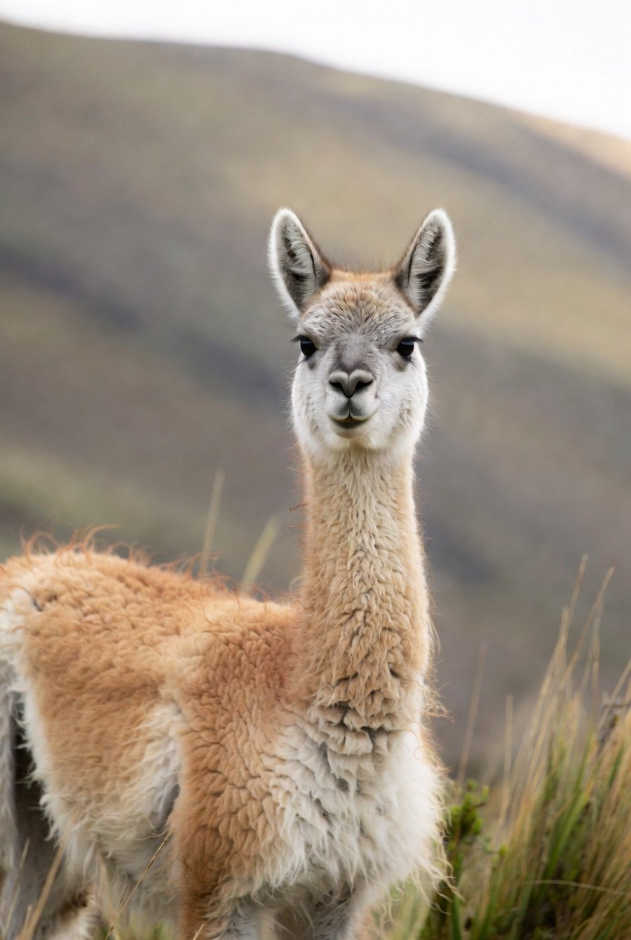 Ein wilder Guanako mit rehbraunem Fell und hellem Bauch schaut neugierig in die Kamera, im Hintergrund die Hügel der Anden