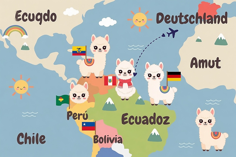 Kinderkarte von Südamerika mit niedlichen Alpakas und Länderflaggen von Peru, Bolivien, Chile und Ecuador sowie einem Flugzeug, das den Weg von Südamerika nach Deutschland zeigt
