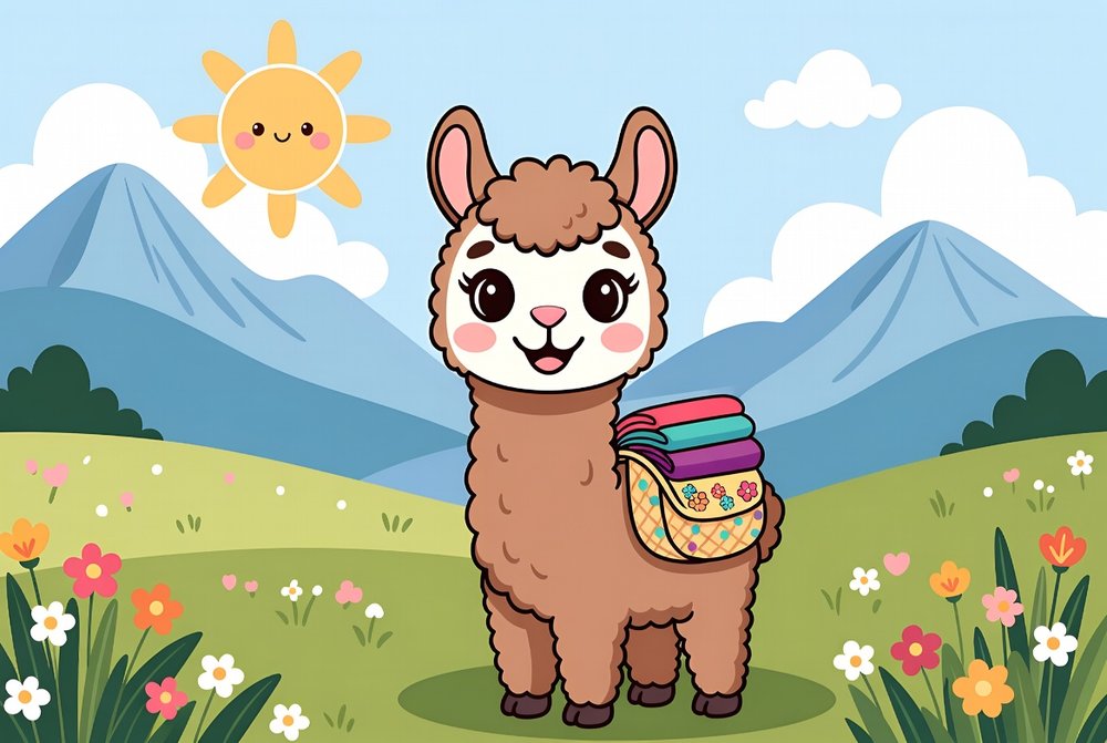 Ein gezeichnetes Lama mit einem bunten Gepäcksattel voller Decken steht auf einer Bergwiese in der Sonne