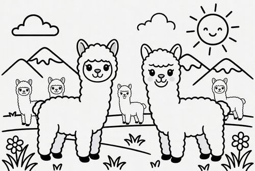 Ausmalbild: Eine Alpakaherde mit Cria vor Bergen, Sonne und Wolken, zum Ausmalen