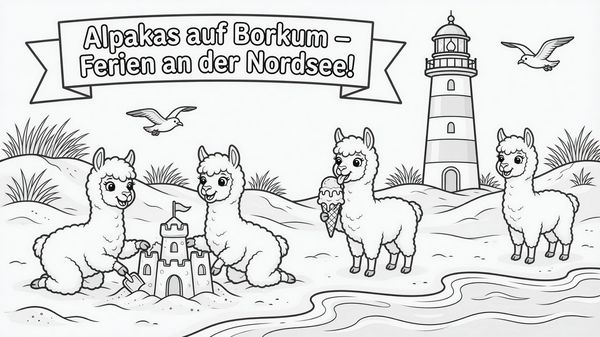 Ausmalbild: Alpakas im Urlaub am Strand von Borkum mit Leuchtturm und Sandburg