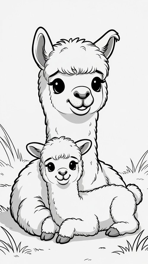 Ausmalbild: Eine Alpaka-Mama mit ihrem kleinen Cria auf einer Wiese, zum Ausmalen