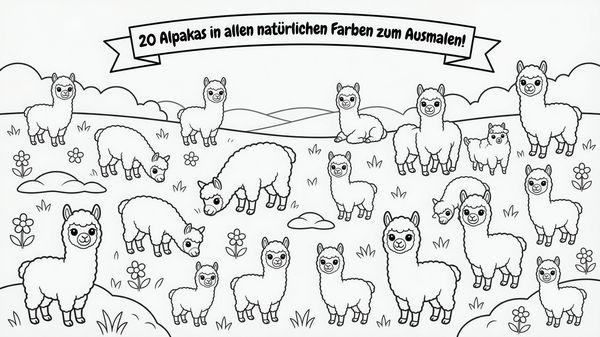 Ausmalbild: Viele Alpakas in unterschiedlichen Posen zum Ausmalen in ihren natürlichen Farben