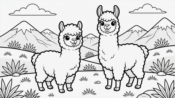 Ausmalbild: Ein Alpaka und ein Lama vor den Bergen der Anden