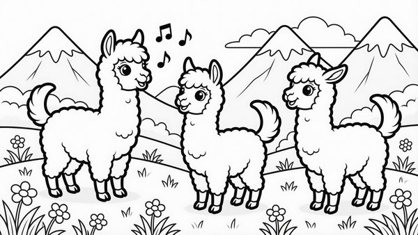 Ausmalbild: Drei Alpakas, die miteinander summen, mit bunten Musiknoten über ihren Köpfen