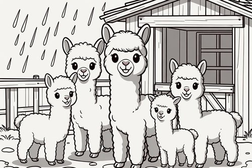 Ausmalbild: Alpakas stehen im Regen vor ihrem Stall, zum Ausmalen