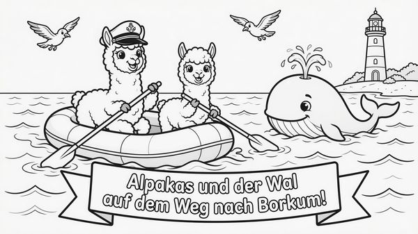 Ausmalbild: Drei Alpakas rudern im Boot über die Nordsee, daneben schwimmt ein Wal, im Hintergrund ein Leuchtturm