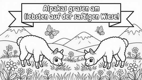 Ausmalbild: Zwei Alpakas grasen auf einer hügeligen Wiese mit Schmetterlingen und Bergen im Hintergrund