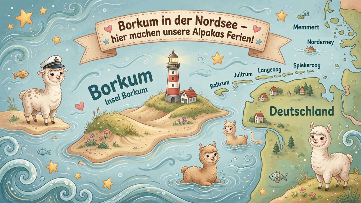 Kinderkarte der Nordsee mit Borkum und weiteren Ostfriesischen Inseln wie Norderney, Langeoog und Spiekeroog vor der deutschen Küste