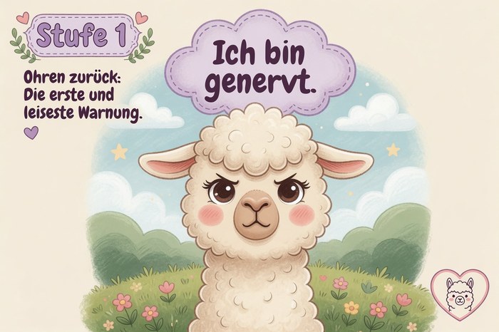 Ein Alpaka mit zurückgelegten Ohren denkt: Ich bin genervt