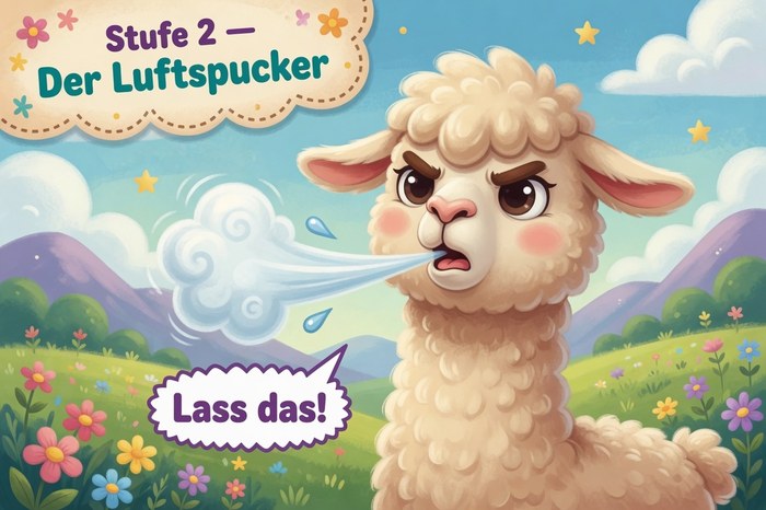 Ein Alpaka pustet warnend Luft und ruft: Lass das!