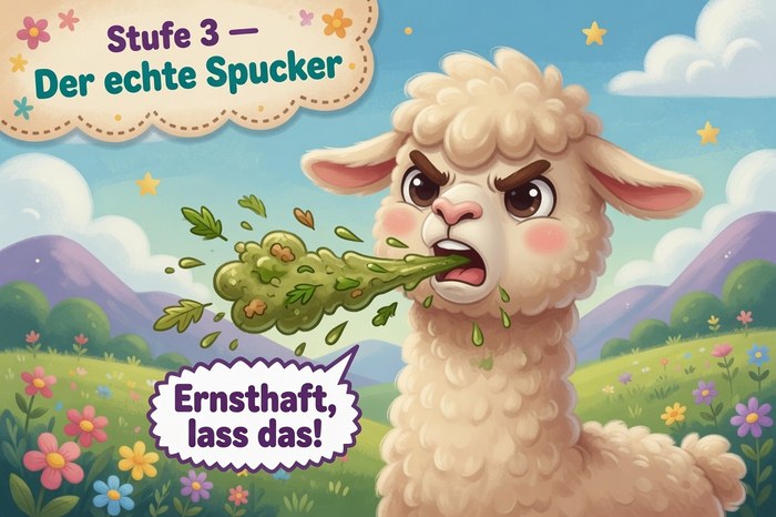 Ein Alpaka spuckt grünen Mageninhalt und ruft: Ernsthaft, lass das!