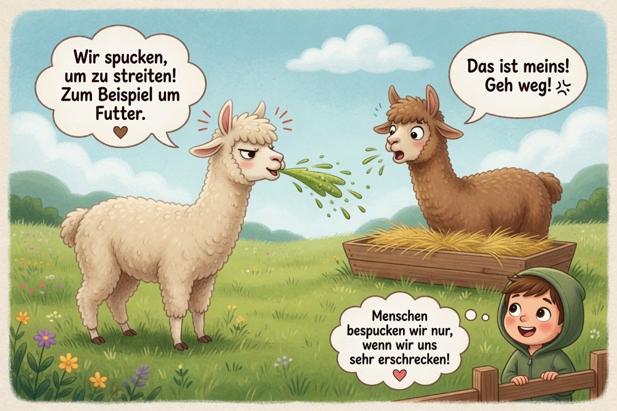 Zwei Alpakas streiten sich ums Futter: Ein weißes Alpaka spuckt ein braunes Alpaka an, ein Kind schaut vom Zaun aus zu