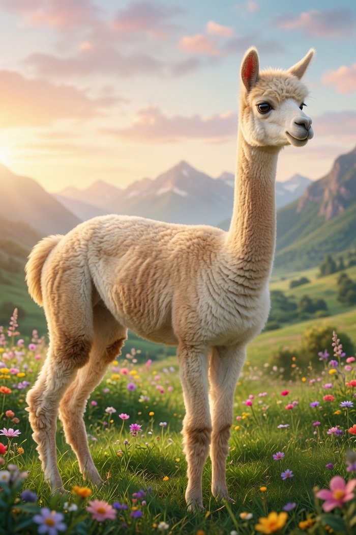 Ein Alpaka steht bei Sonnenaufgang in einer blühenden Bergwiese