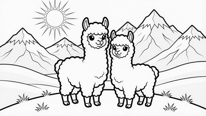 Malbild: Zwei Alpakas vor sonnigen Berggipfeln