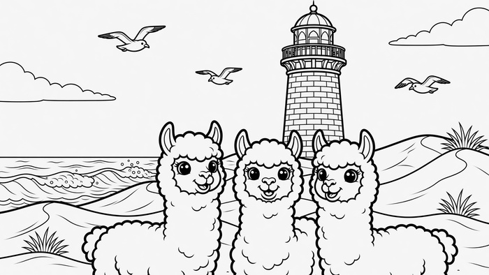 Malbild: Drei Alpakas am Strand von Borkum mit Leuchtturm und Möwen