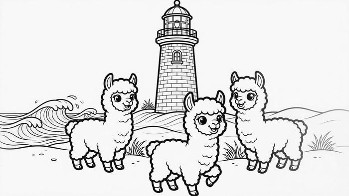 Malbild: Drei Alpakas am Leuchtturm von Borkum mit Wellen
