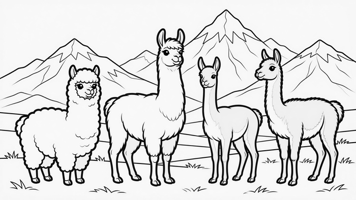 Malbild: Alpaka, Lama, Vikunja und Guanako nebeneinander vor den Anden