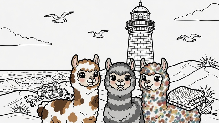 Malbild: Drei Alpakas mit Wollknäueln vor einem Leuchtturm und Möwen am Meer