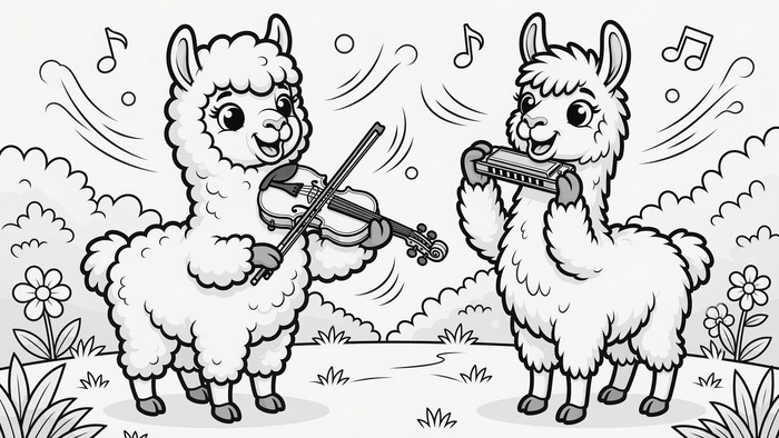 Malbild: Zwei musizierende Alpakas, eines spielt Geige, das andere Mundharmonika, umgeben von Notenschlüsseln und Blumen