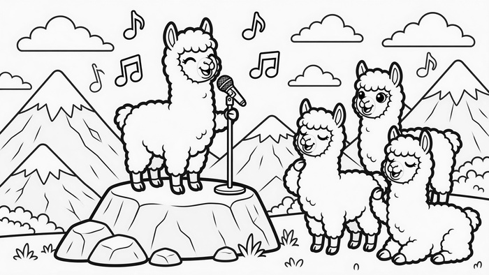 Malbild: Ein Alpaka singt am Mikrofon vor anderen Alpakas