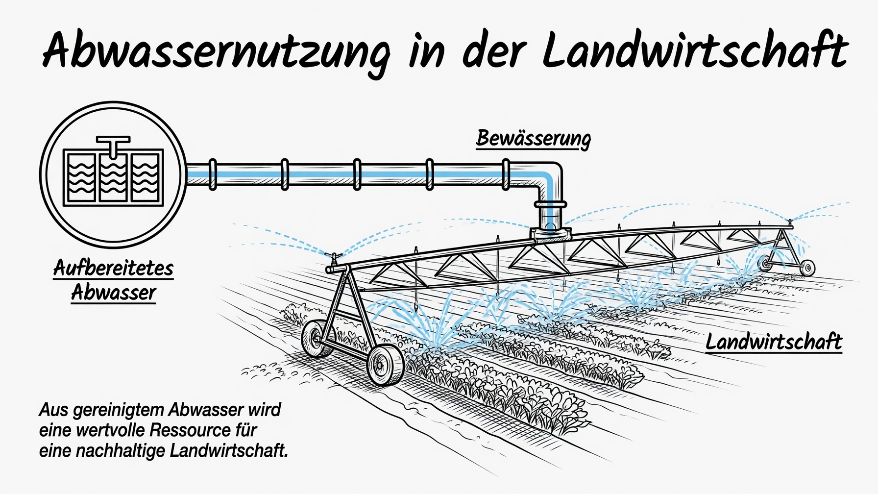 Illustration zur Abwassernutzung in der Landwirtschaft: aufbereitetes Abwasser aus einer Kläranlage wird über eine Rohrleitung zu einer Bewässerungsanlage geführt, die ein landwirtschaftliches Feld beregnet