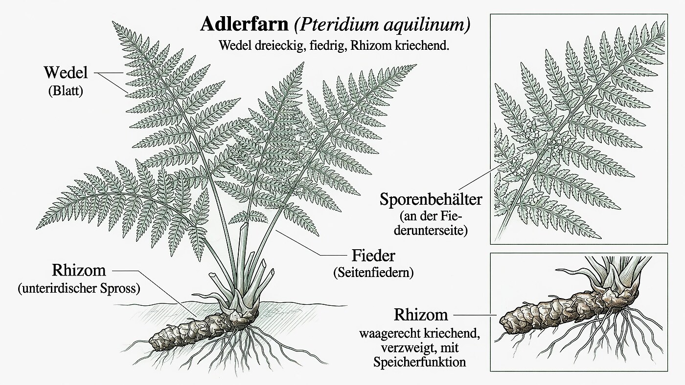 Botanische Illustration des Adlerfarns (Pteridium aquilinum) mit beschrifteten Details zu Wedel, Fieder, Sporenbehälter und kriechendem Rhizom