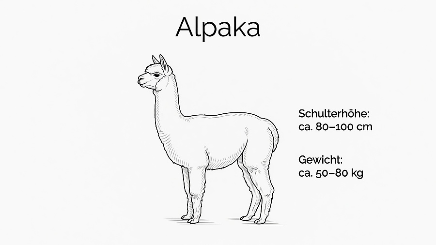 Zeichnung eines Alpakas im Profil mit Angaben: Schulterhöhe ca. 80–100 cm, Gewicht ca. 50–80 kg