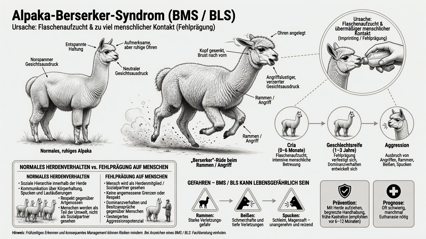 Infografik zum Alpaka-Berserker-Syndrom: Vergleich eines entspannten Alpakas mit einem aggressiv rammenden Tier, Ursache Flaschenaufzucht und Fehlprägung auf den Menschen, Verlaufsstufen von der Cria-Aufzucht über die Geschlechtsreife bis zur Aggression sowie Gefahren durch Rammen, Beißen und Spucken