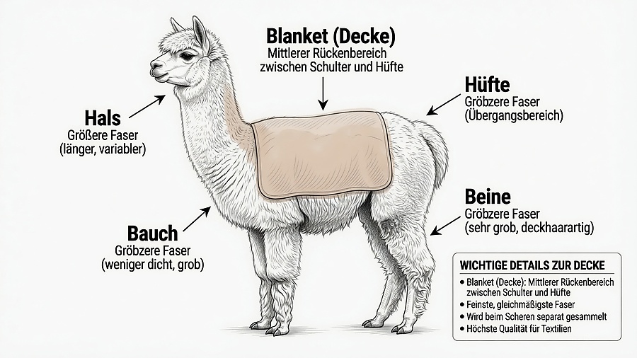 Illustration eines Alpakas mit markiertem Blanket (Decke) am Rücken zwischen Schulter und Hüfte, sowie Hals, Bauch, Hüfte und Beinen als Vergleichszonen
