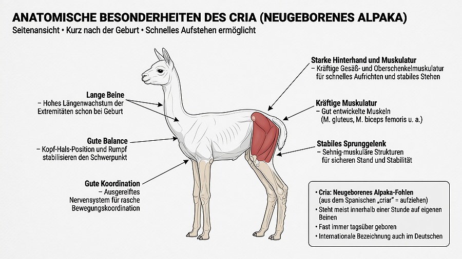 Anatomische Illustration eines Cria mit hervorgehobener Hinterhandmuskulatur, langen Beinen und stabilem Sprunggelenk, die das schnelle Aufstehen nach der Geburt ermöglichen