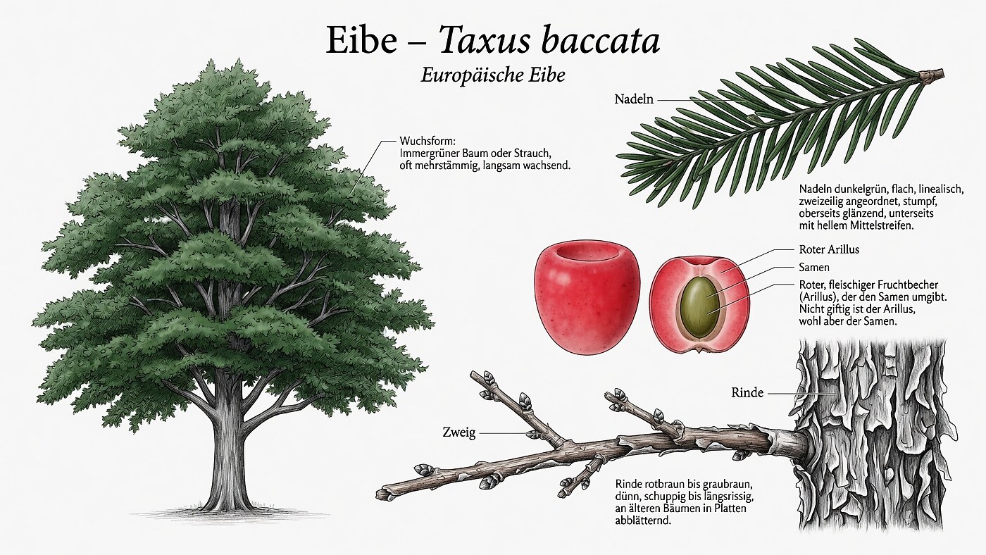 Botanische Illustration der Eibe (Taxus baccata) mit beschrifteten Details zu Wuchsform, Nadeln, Zweig, Rinde sowie rotem Arillus mit Samen im Querschnitt