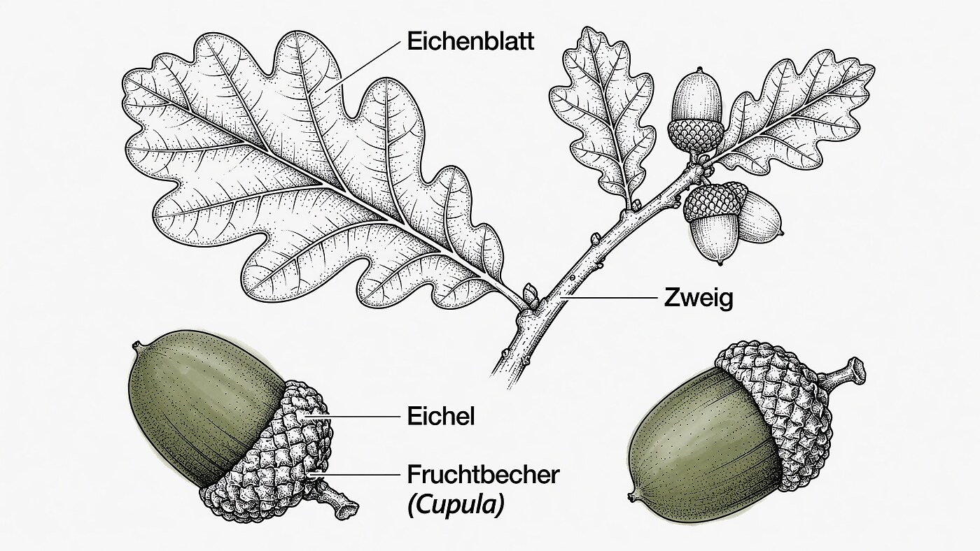 Botanische Illustration von Eichenblatt, Zweig und Eicheln mit Fruchtbecher (Cupula)