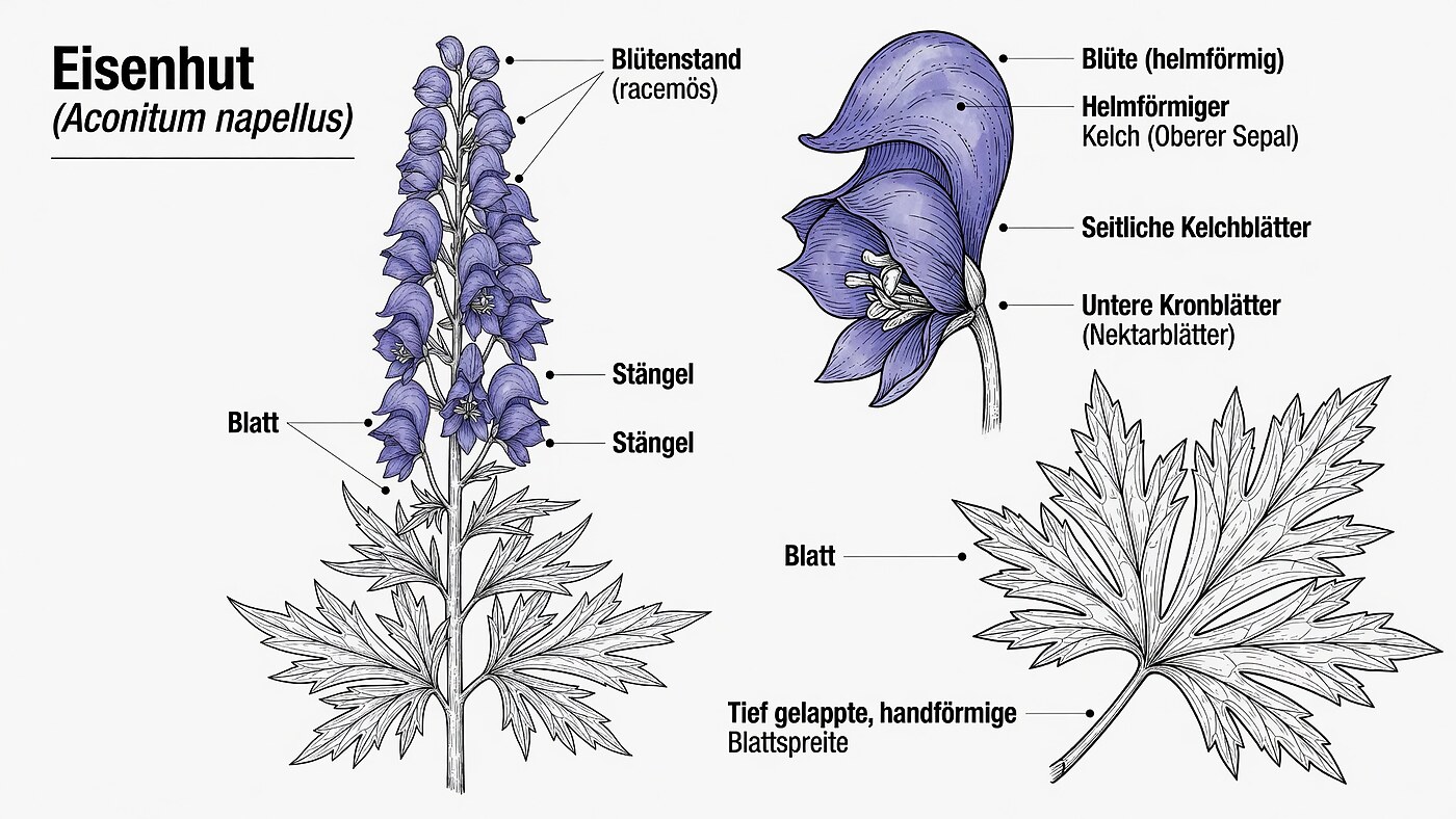 Botanische Illustration des Eisenhuts (Aconitum napellus) mit beschrifteten Details zu racemösem Blütenstand, helmförmiger Blüte mit Kelch- und Kronblättern, Stängel sowie tief gelapptem, handförmigem Blatt