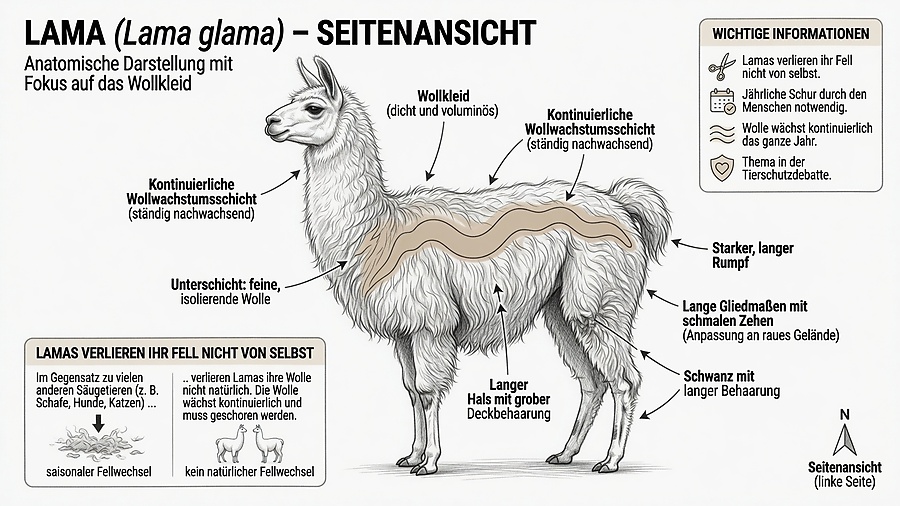 Illustration eines Lamas mit markiertem Wollkleid, kontinuierlicher Wollwachstumsschicht und feiner isolierender Unterschicht — Lamas verlieren ihr Fell ebenfalls nicht von selbst