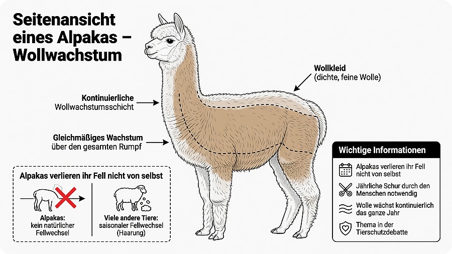 Illustration eines Alpakas mit markiertem Wollkleid und kontinuierlicher Wollwachstumsschicht, daneben ein Vergleich: Alpakas haben keinen natürlichen Fellwechsel, im Gegensatz zu vielen anderen Tieren mit saisonaler Haarung