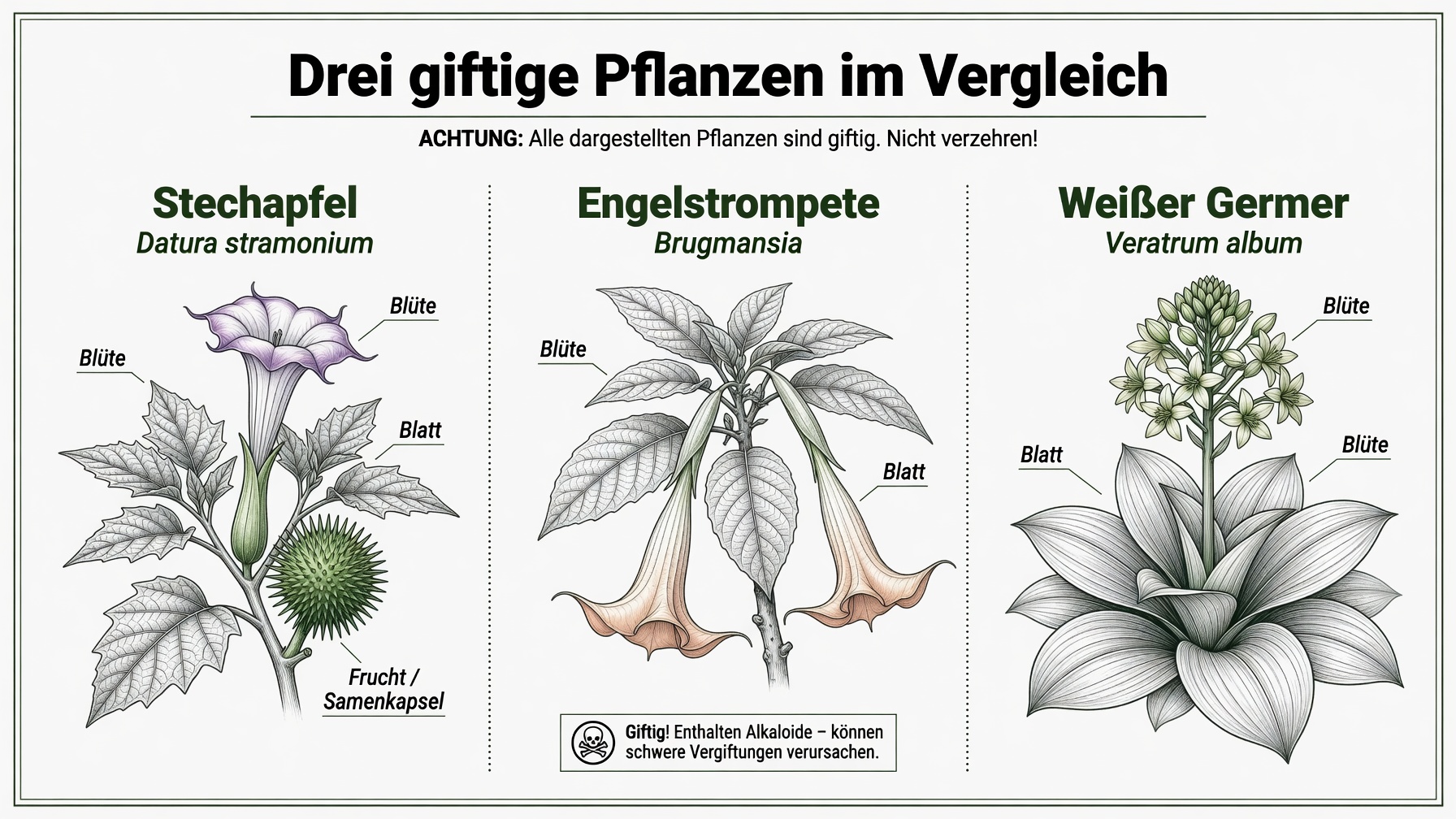 Botanischer Vergleich von Stechapfel (Datura stramonium), Engelstrompete (Brugmansia) und Weißem Germer (Veratrum album) mit beschrifteten Details zu Blüte und Blatt