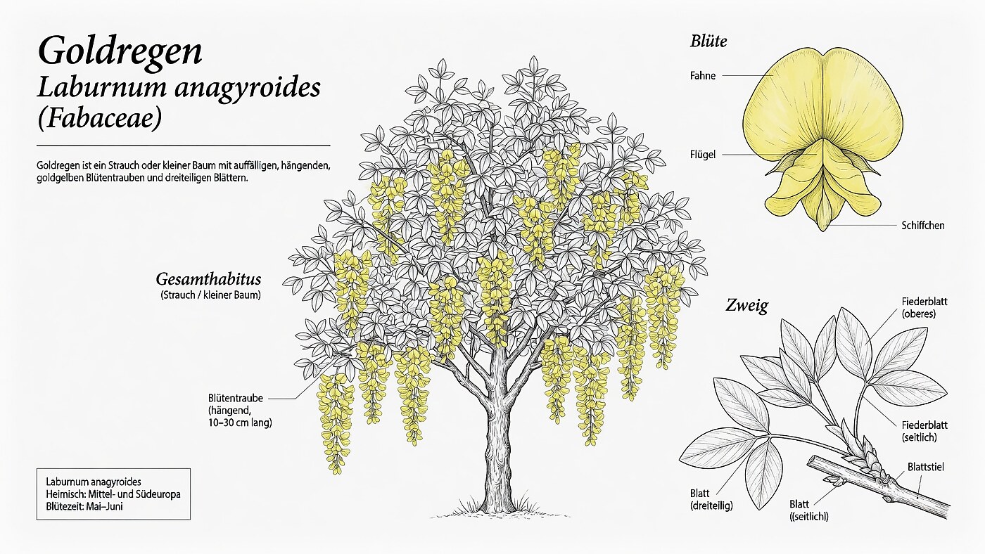 Botanische Illustration des Goldregens (Laburnum anagyroides) mit beschrifteten Details zu Gesamthabitus, hängenden Blütentrauben, Blüte mit Fahne, Flügel und Schiffchen sowie dreiteiligem Blatt