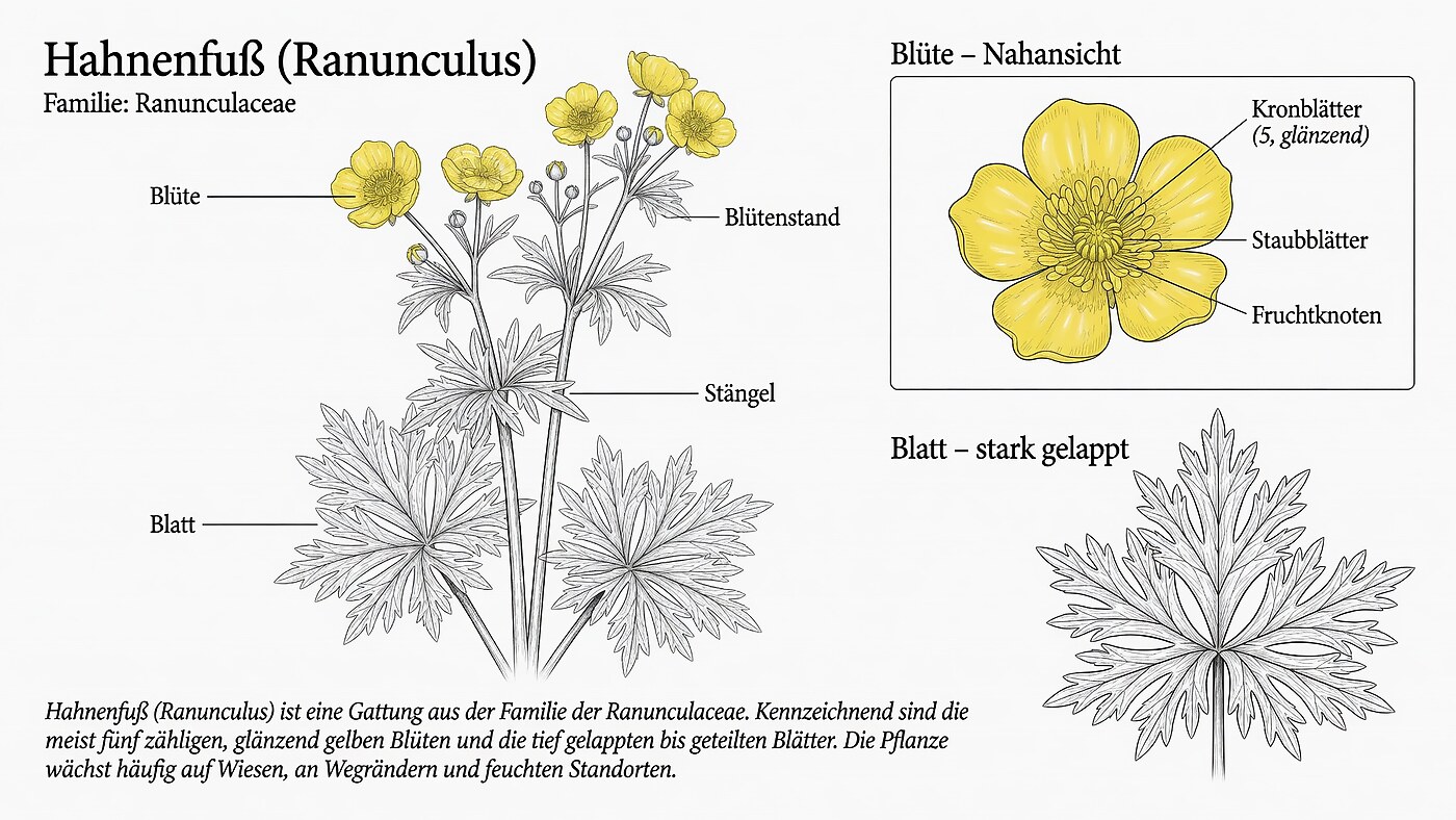 Botanische Illustration des Hahnenfußes (Ranunculus) mit beschrifteten Details zu Blütenstand, Blüte mit Kronblättern, Staubblättern und Fruchtknoten, Stängel sowie stark gelapptem Blatt