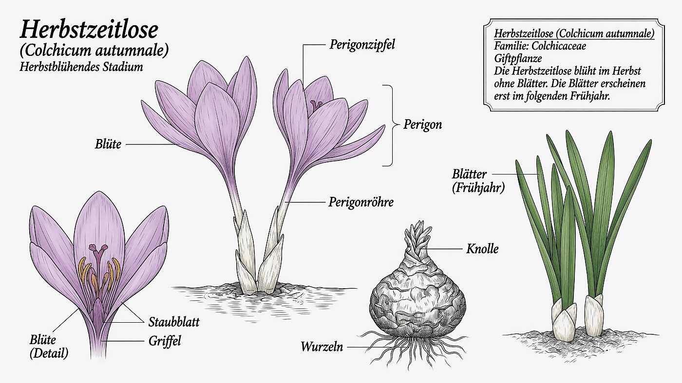 Botanische Illustration der Herbstzeitlose (Colchicum autumnale) mit beschrifteten Details zu Blüte, Perigon, Perigonröhre, Knolle, Wurzeln und den erst im Frühjahr erscheinenden Blättern