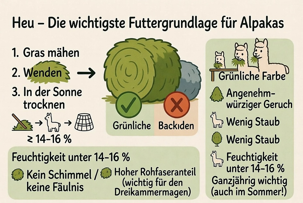 Infografik zu Heu als wichtigster Futtergrundlage für Alpakas: Herstellung durch Mähen, Wenden und Trocknen in der Sonne auf eine Feuchtigkeit unter 14–16 %, sowie Qualitätsmerkmale wie grünliche Farbe, angenehm-würziger Geruch, wenig Staub, kein Schimmel und hoher Rohfaseranteil