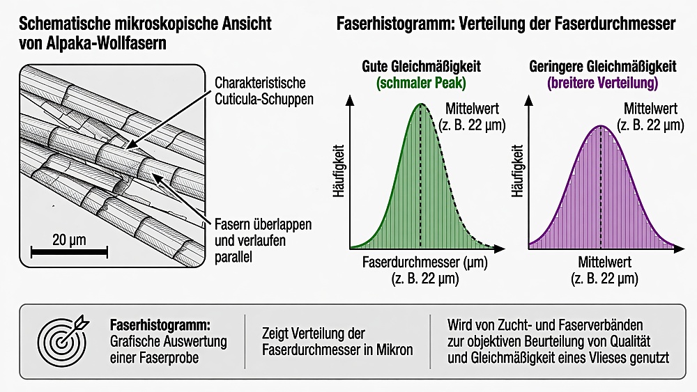 Links: mikroskopische Nahaufnahme von Alpakafasern mit sichtbaren Cuticula-Schuppen, Maßstab 20 Mikron. Rechts: zwei Glockenkurven mit gleichem Mittelwert 22 Mikron — schmaler grüner Peak steht für gute Gleichmäßigkeit, breitere violette Kurve für geringere Gleichmäßigkeit