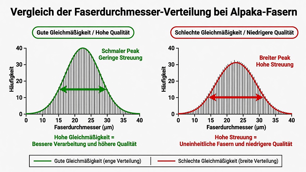 Vergleich zweier Faserdurchmesser-Verteilungen: grüne Kurve mit schmalem Peak steht für gute Gleichmäßigkeit und hohe Qualität, rote Kurve mit breitem Peak für schlechte Gleichmäßigkeit und niedrigere Qualität, jeweils von 0 bis 40 Mikron