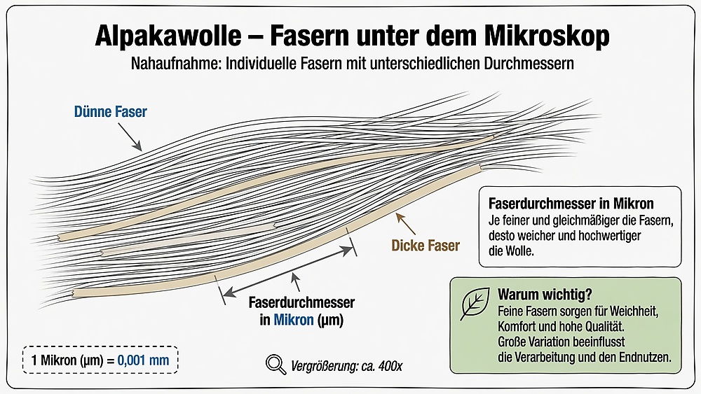 Mikroskopische Nahaufnahme eines Alpakawolle-Faserbündels bei rund 400-facher Vergrößerung mit markierter dünner und dicker Einzelfaser, Erläuterung: 1 Mikron entspricht 0,001 Millimeter
