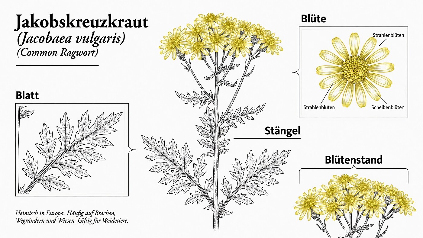 Botanische Illustration des Jakobskreuzkrauts (Jacobaea vulgaris) mit beschrifteten Details zu Blatt, Stängel, Blüte mit Strahlen- und Scheibenblüten sowie dem doldenartigen Blütenstand