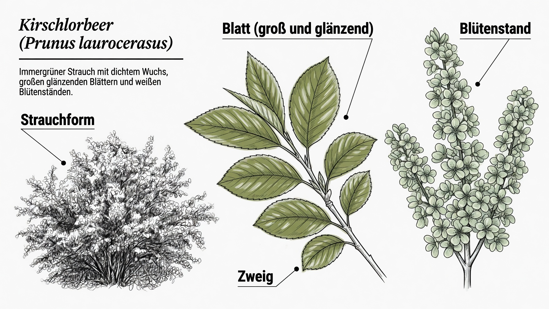 Botanische Illustration des Kirschlorbeers (Prunus laurocerasus) mit beschrifteten Details zu Strauchform, großem glänzendem Blatt, Zweig und weißem Blütenstand