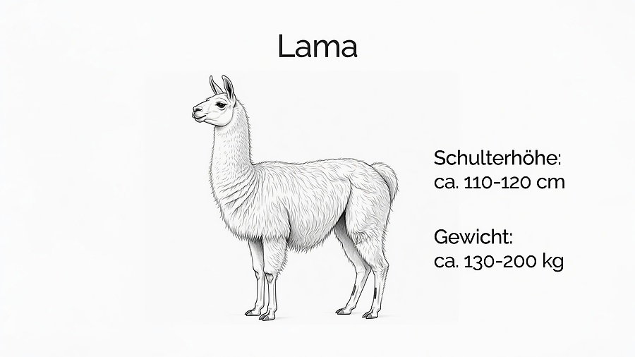 Illustration eines Lamas mit Größenangaben: Schulterhöhe ca. 110–120 cm, Gewicht ca. 130–200 kg