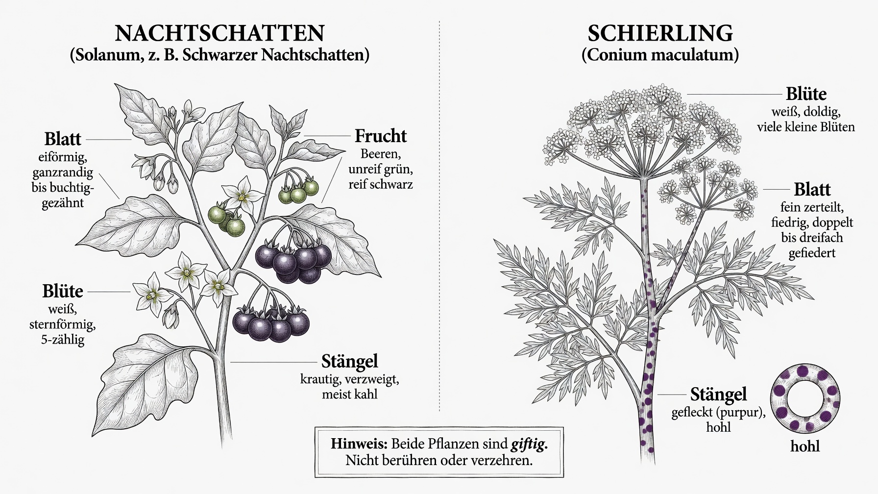 Botanischer Vergleich von Nachtschatten (Solanum) mit Blatt, Blüte und Beerenfrucht sowie Schierling (Conium maculatum) mit doldigem Blütenstand, gefiedertem Blatt und purpurrot geflecktem, hohlem Stängel